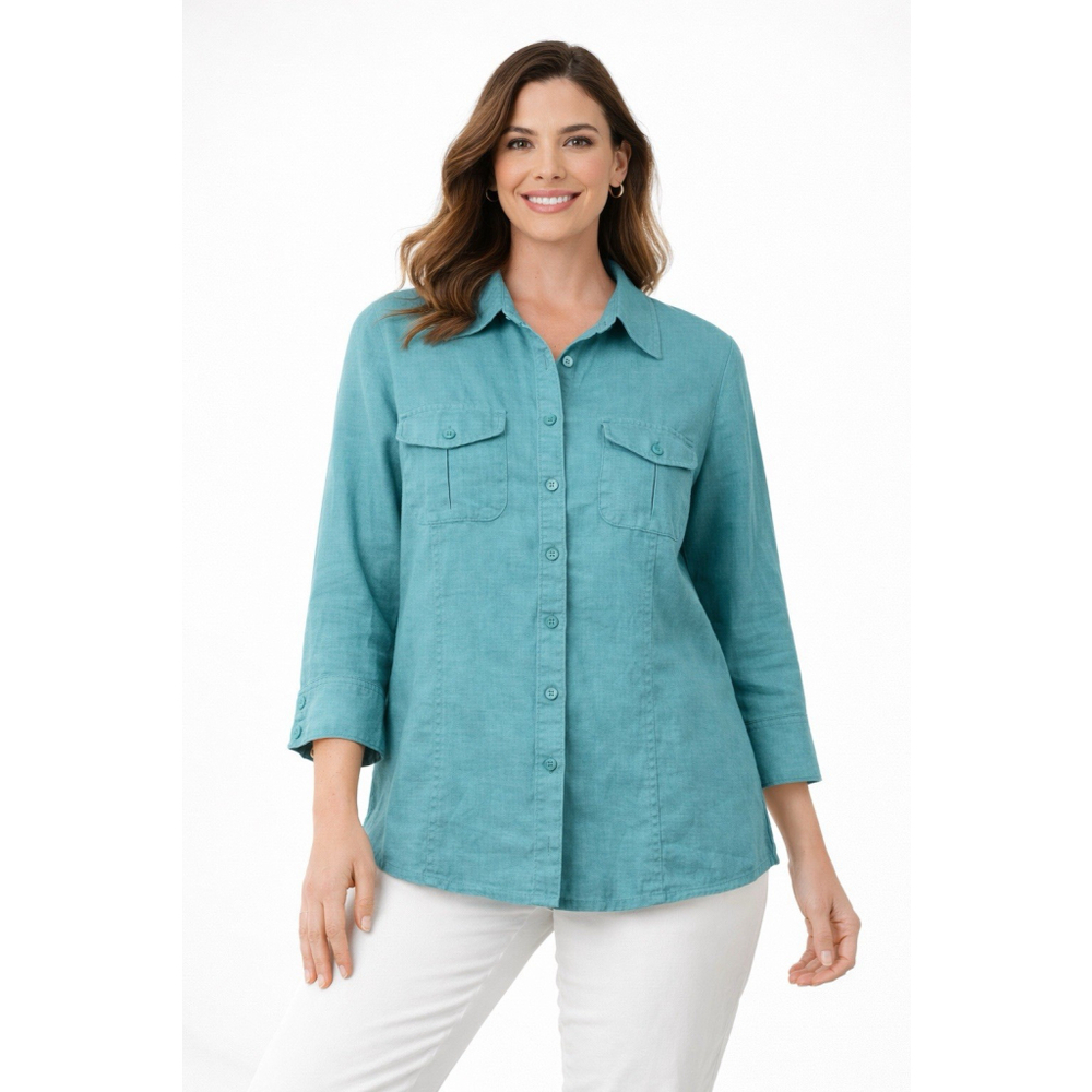 Style & Co 100% Linen Button Front Shirt Teal Womens Size 10